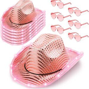 6 Pack LED Cowboy Hats Light Up Glitter Pink Party Costumes Accessories